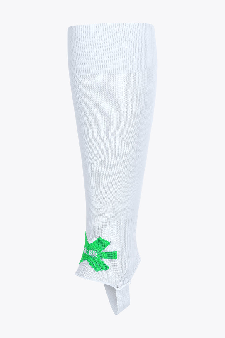 White Osaka hockey stirrup sock, side view with green Osaka logo at the ankle