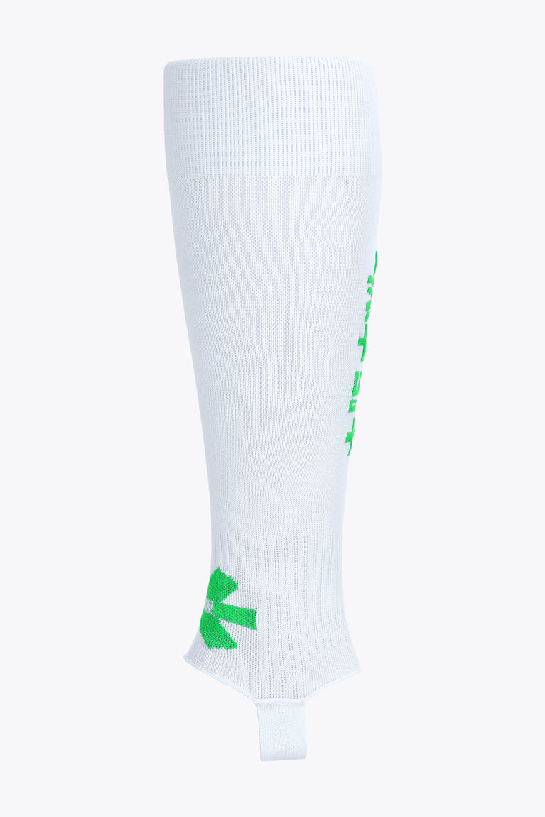White Osaka hockey stirrup sock, other side view with green logo details