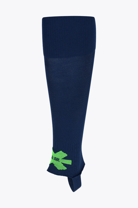 Osaka Hockey Stirrups | Navy Navy Osaka hockey stirrup sock, side view with green Osaka logo at the ankle