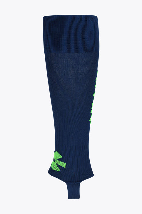 Osaka Hockey Stirrups | Navy Navy Osaka hockey stirrup sock, side view with green Osaka logo at the ankle