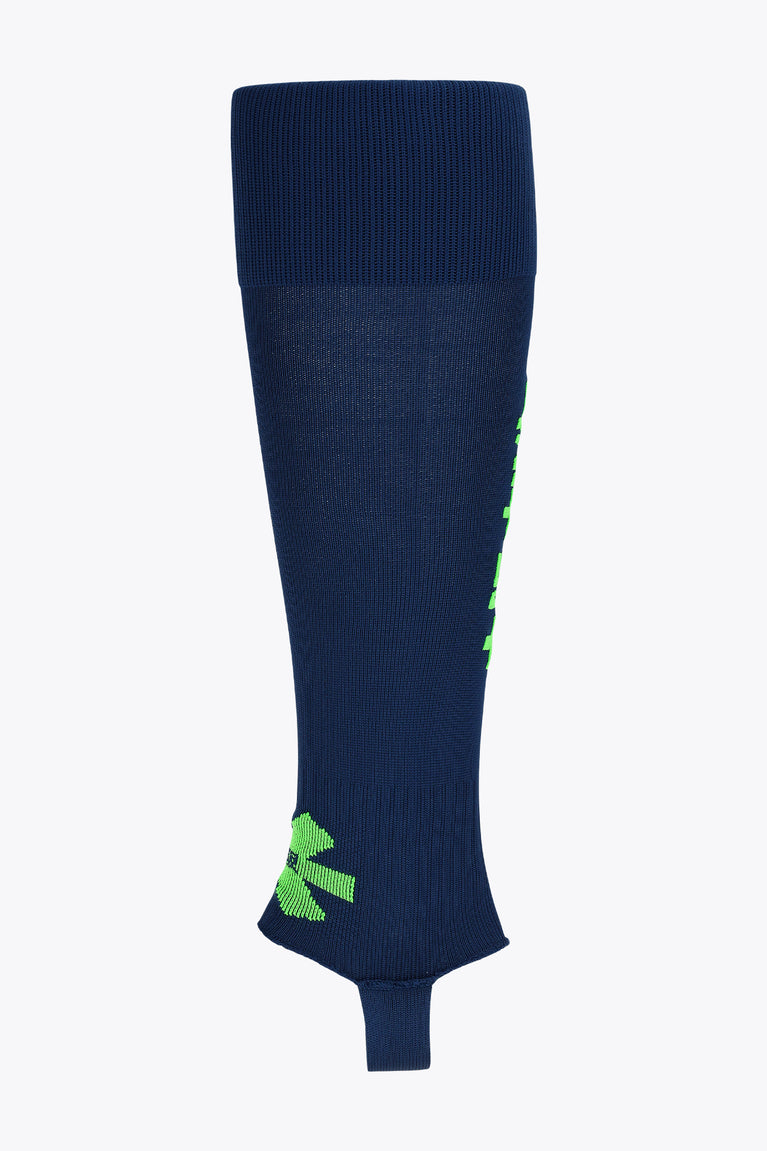 Navy Osaka hockey stirrup sock, other side view with green logo details