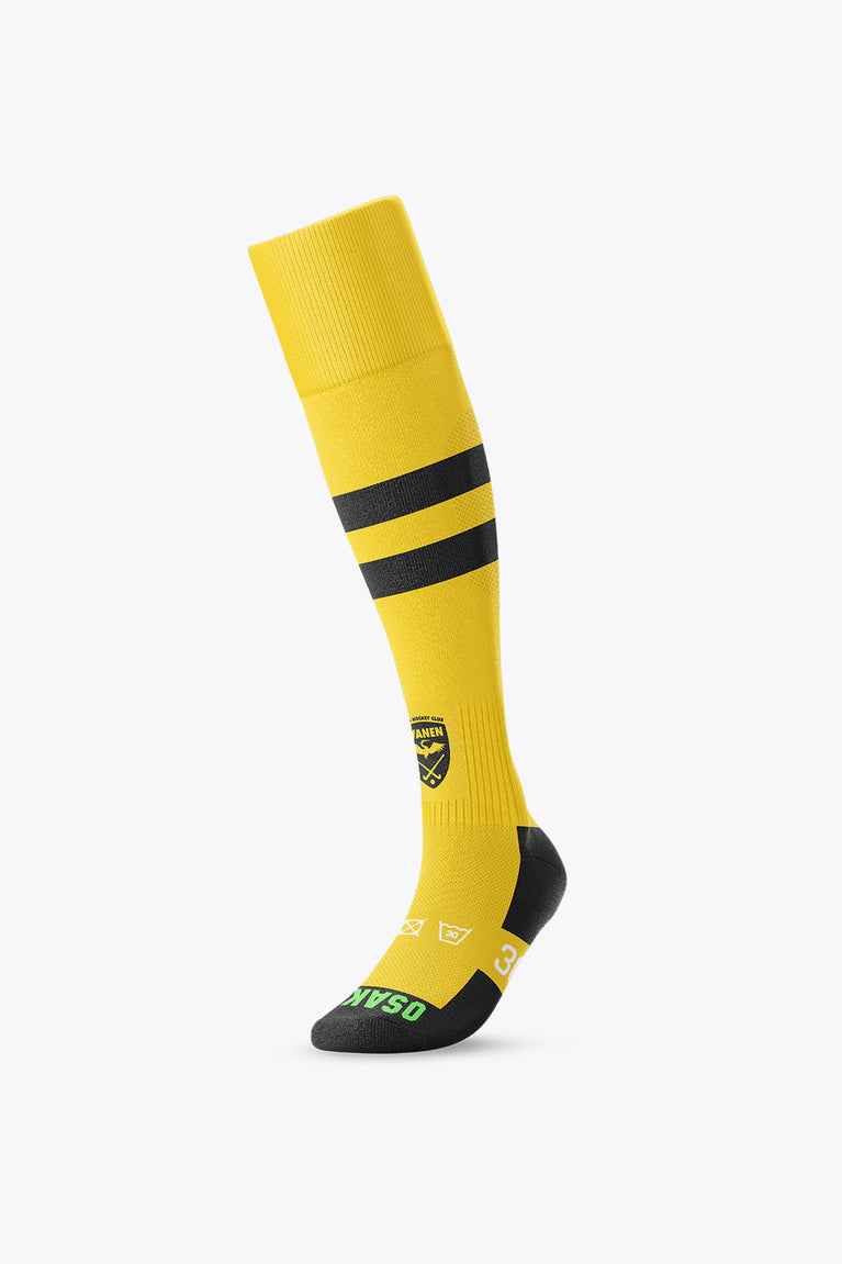 Yellow field hockey socks with two black bands and cushioned black toe/heel