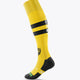 Yellow field hockey socks with black mid-calf stripes and club crest on front