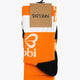 Orange field hockey sock pair in retail box with white and black accents