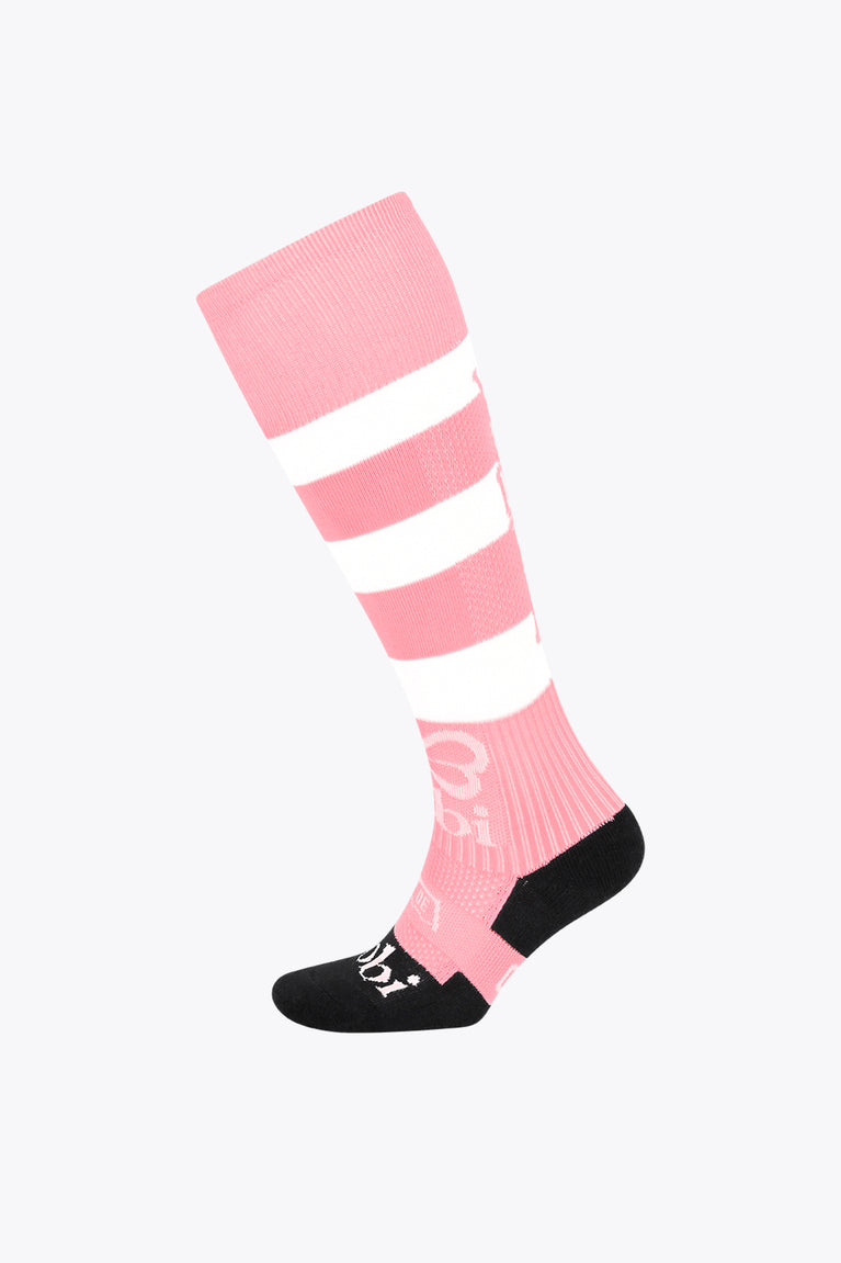 Pastel pink field hockey socks with wide white stripe bands and black toe