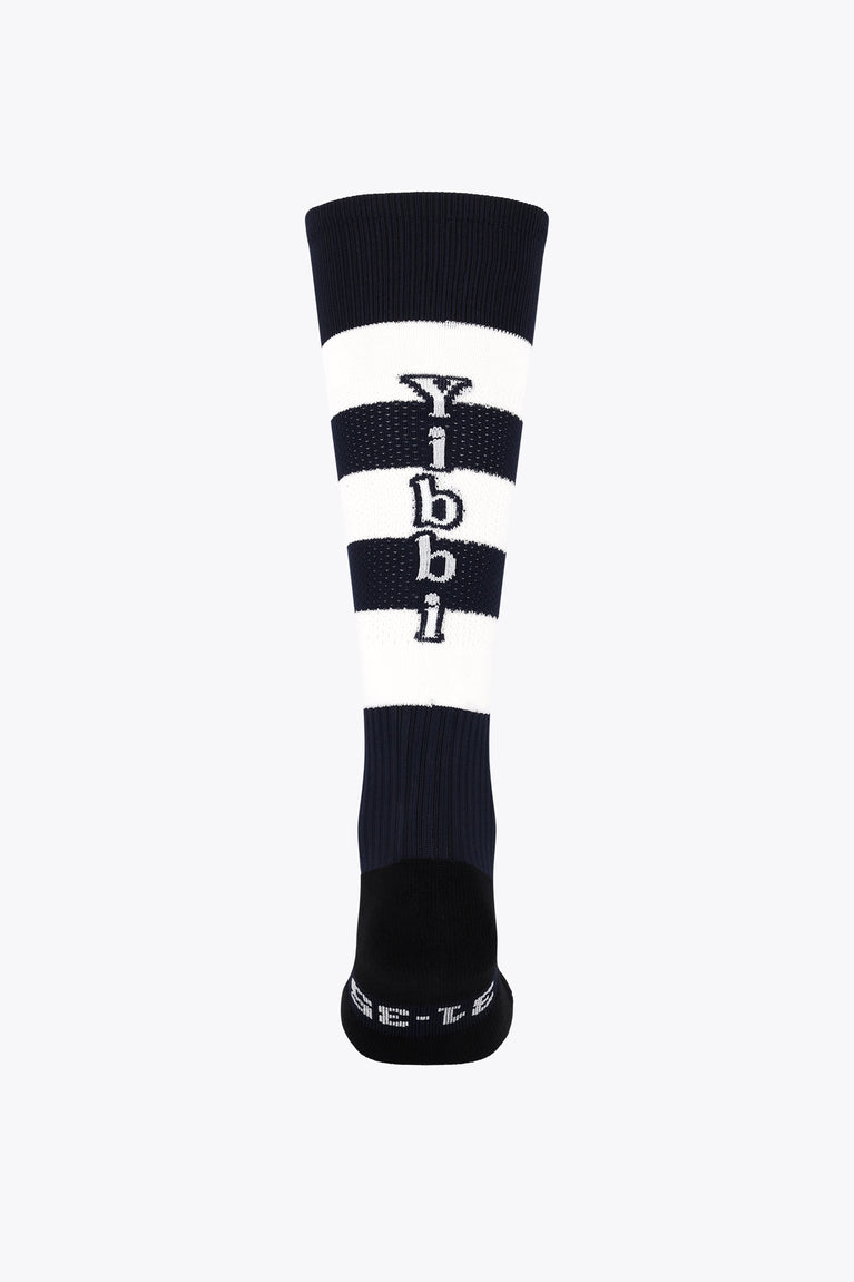Yibbi field hockey socks, navy and white crew style with Yibbi lettering on leg