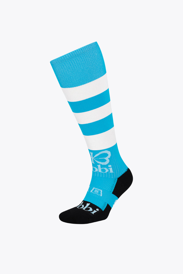 Yibbi field hockey socks in light blue with white stripes and black heel/toe