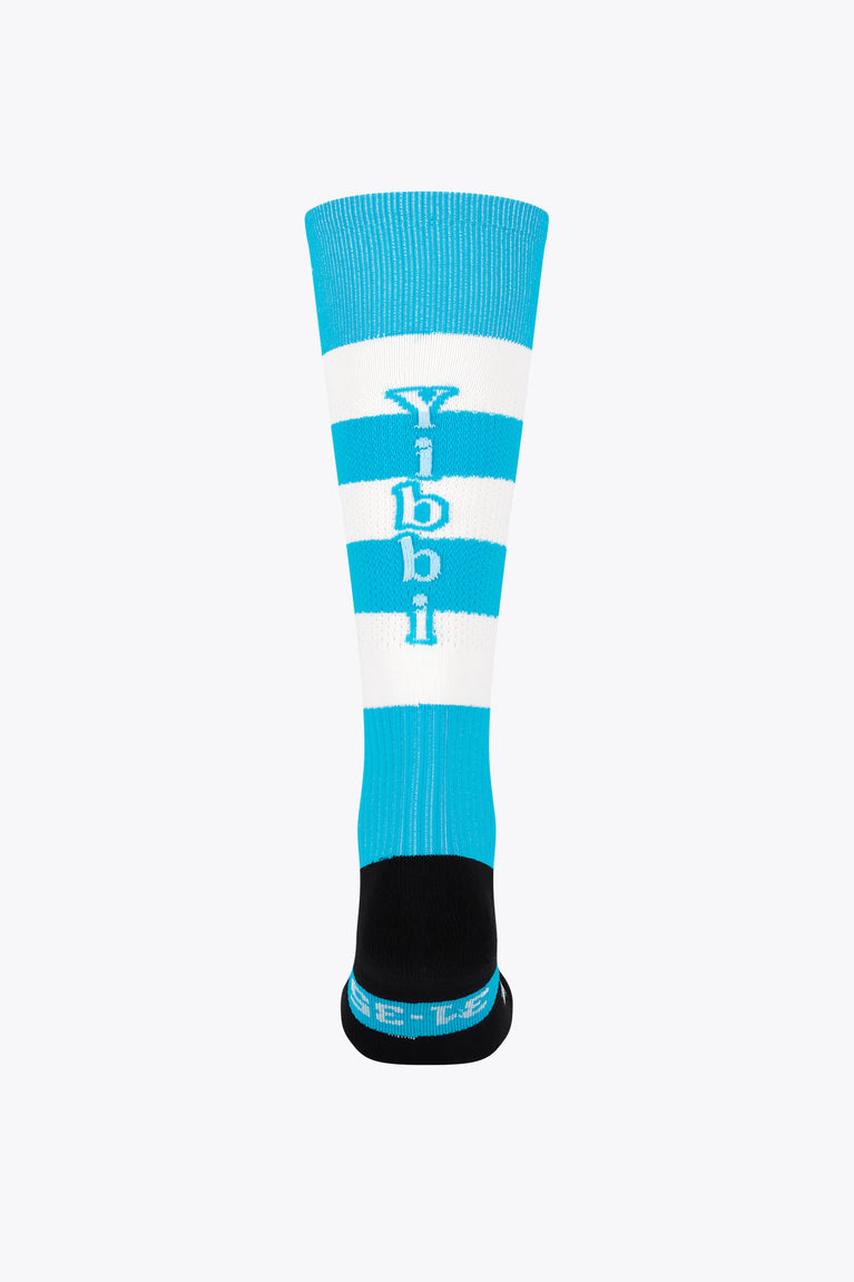Yibbi light blue field hockey socks with vertical Yibbi logo and black toe