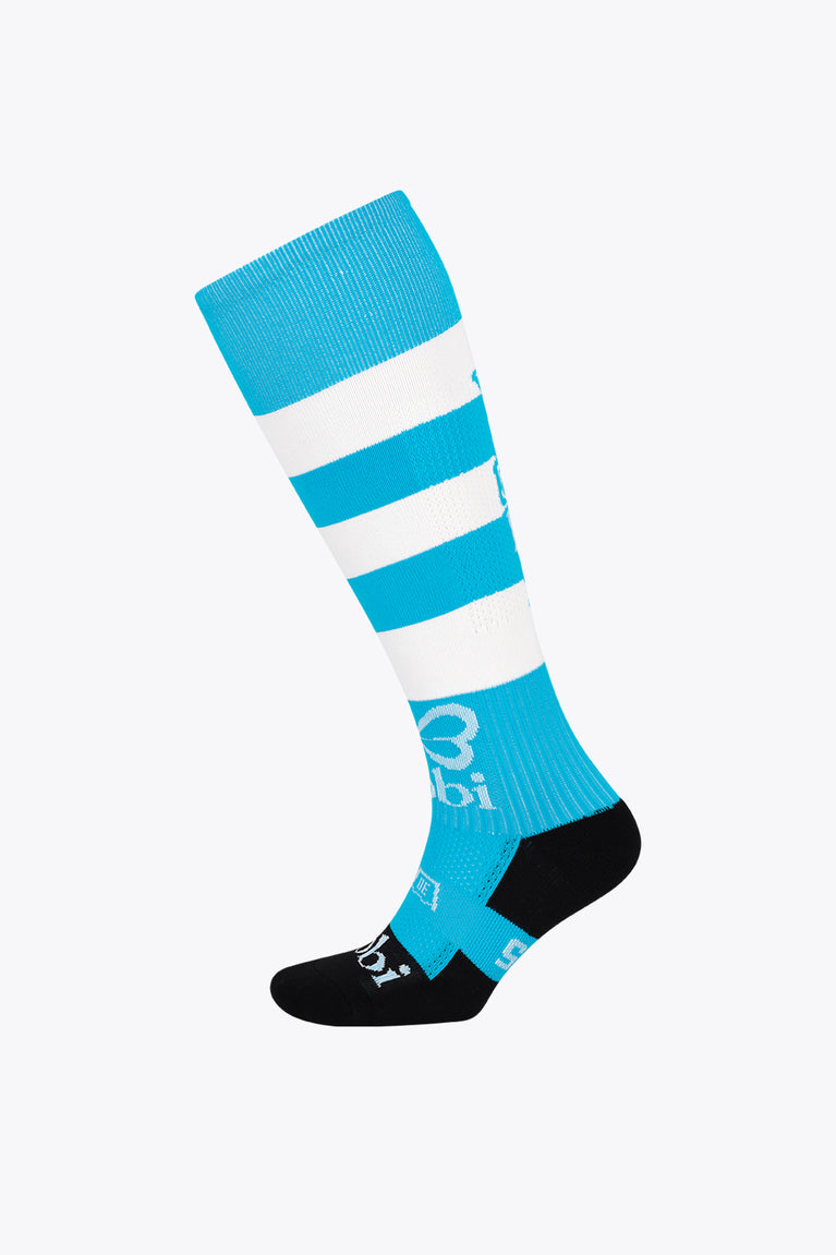 Yibbi light blue field hockey socks with white bands, Yibbi graphic, black heel/toe