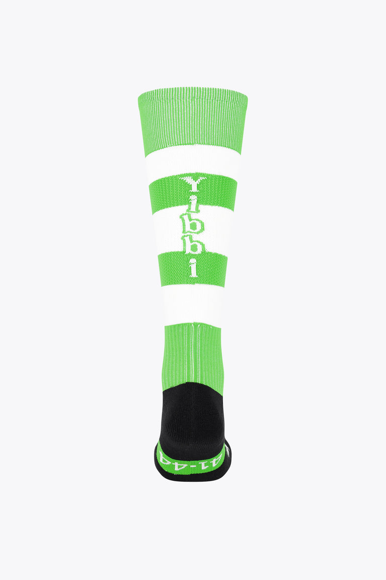 Fluo green crew socks with white ribbed bands, black heel and toe, Yibbi mark