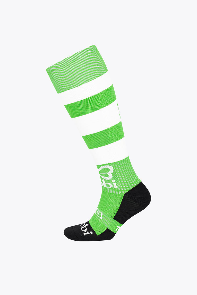 Fluo green field hockey socks with white stripes, black toe/heel and Yibbi branding
