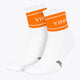 Orange sport socks with white ribbed cuff stripes and Yibbi logo