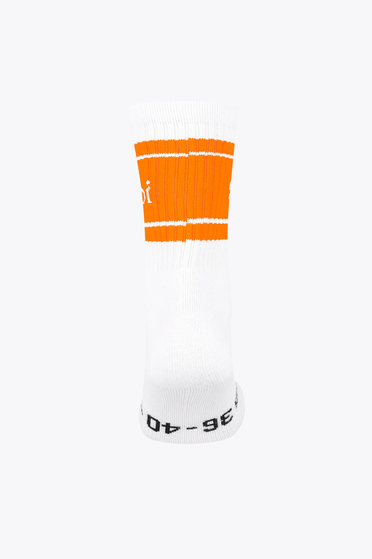 Single orange sport sock with white cuff stripes and printed size text