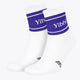 White sport socks with purple striped cuffs and Yibbi branding