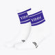 White sport socks with purple cuff stripes and small embroidered icons