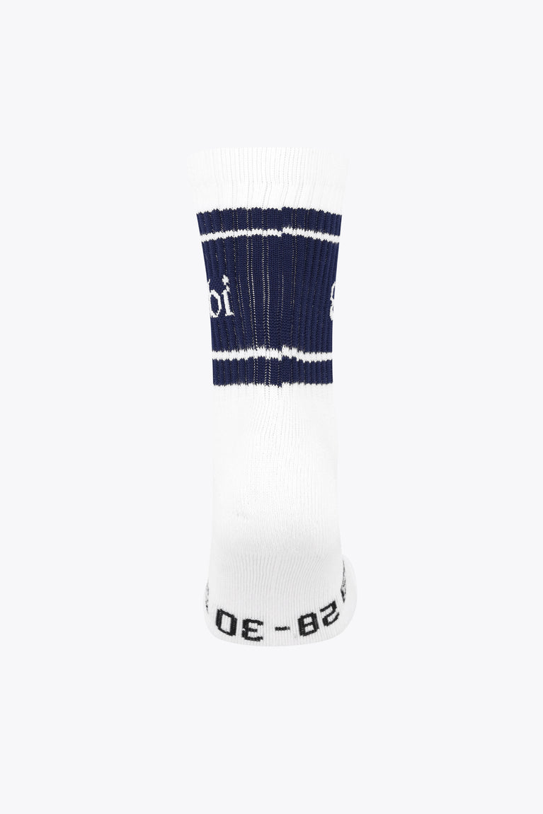 Single Yibbi navy sport sock with striped cuff and small heel graphic