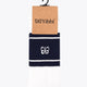 Yibbi navy-and-white sport socks on hanger with striped cuff and logo