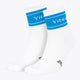 Light blue sport socks, ribbed crew style with Yibbi logo bands at the cuff