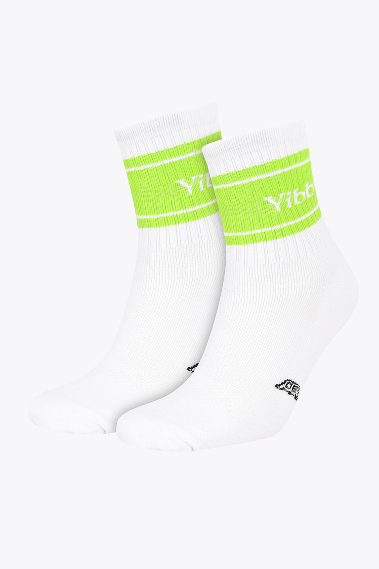Yibbi sport socks, white with fluo green stripes and Yibbi logo on cuffs