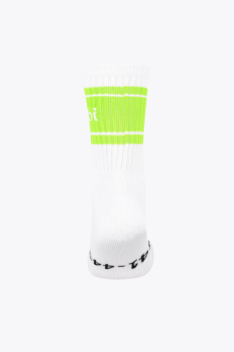 Single Yibbi sport sock, white with fluo green striped top and black sole icons
