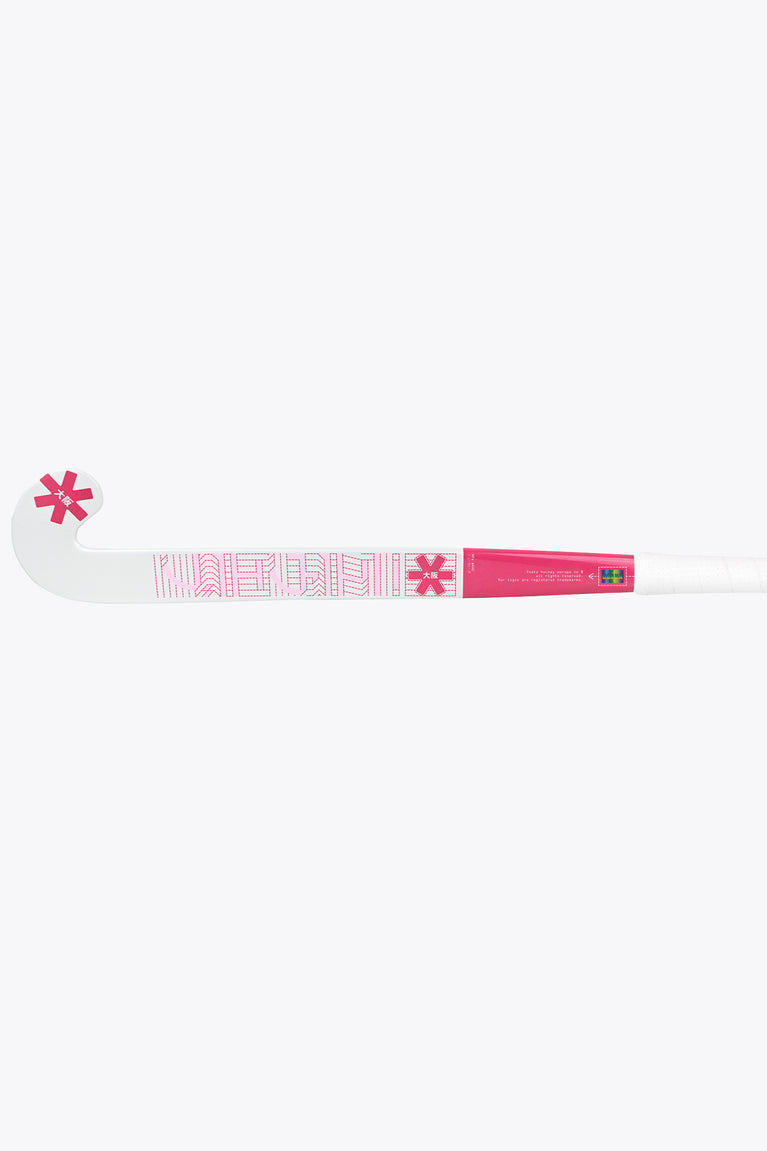 Raspberry field hockey stick with curved hook and pink side graphics