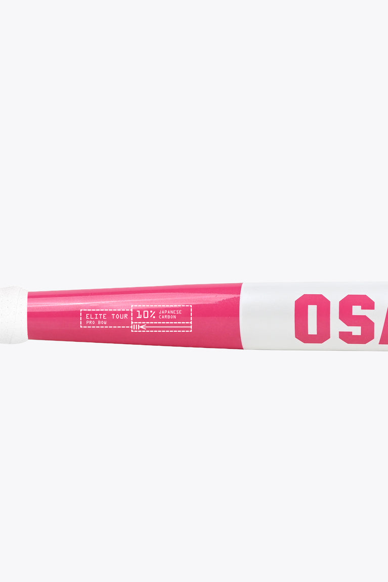 Raspberry field hockey stick shaft with 'ELITE TOUR' and '10%' label