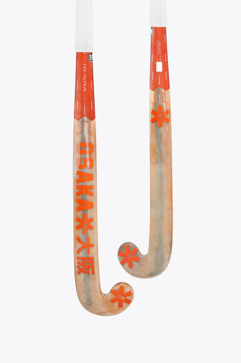 Osaka Indoor Hockey Stick Pro Bow WD - Pro | Orange Tiger Indoor hockey stick with orange graphic shaft and curved wood-colored blade