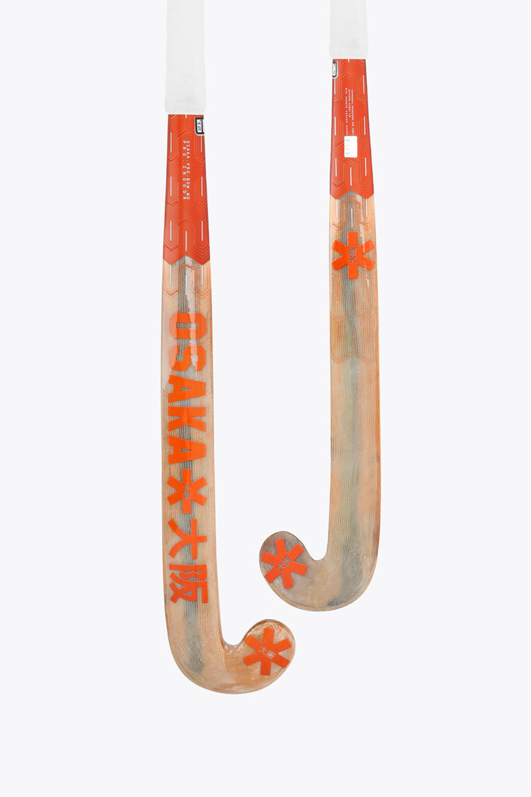 Indoor hockey stick with orange graphic shaft and curved wood-colored blade