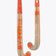 Indoor hockey stick with orange graphic shaft and curved wood-colored blade