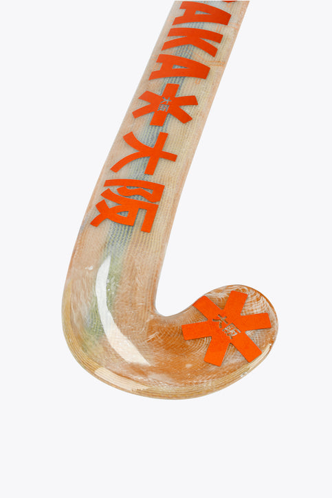 Osaka Indoor Hockey Stick Pro Bow WD - Pro | Orange Tiger Indoor hockey stick with orange graphic shaft and curved wood-colored blade