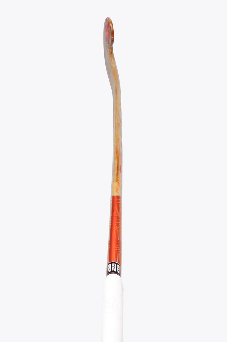 Indoor hockey stick with orange center stripe and wood-colored shaft