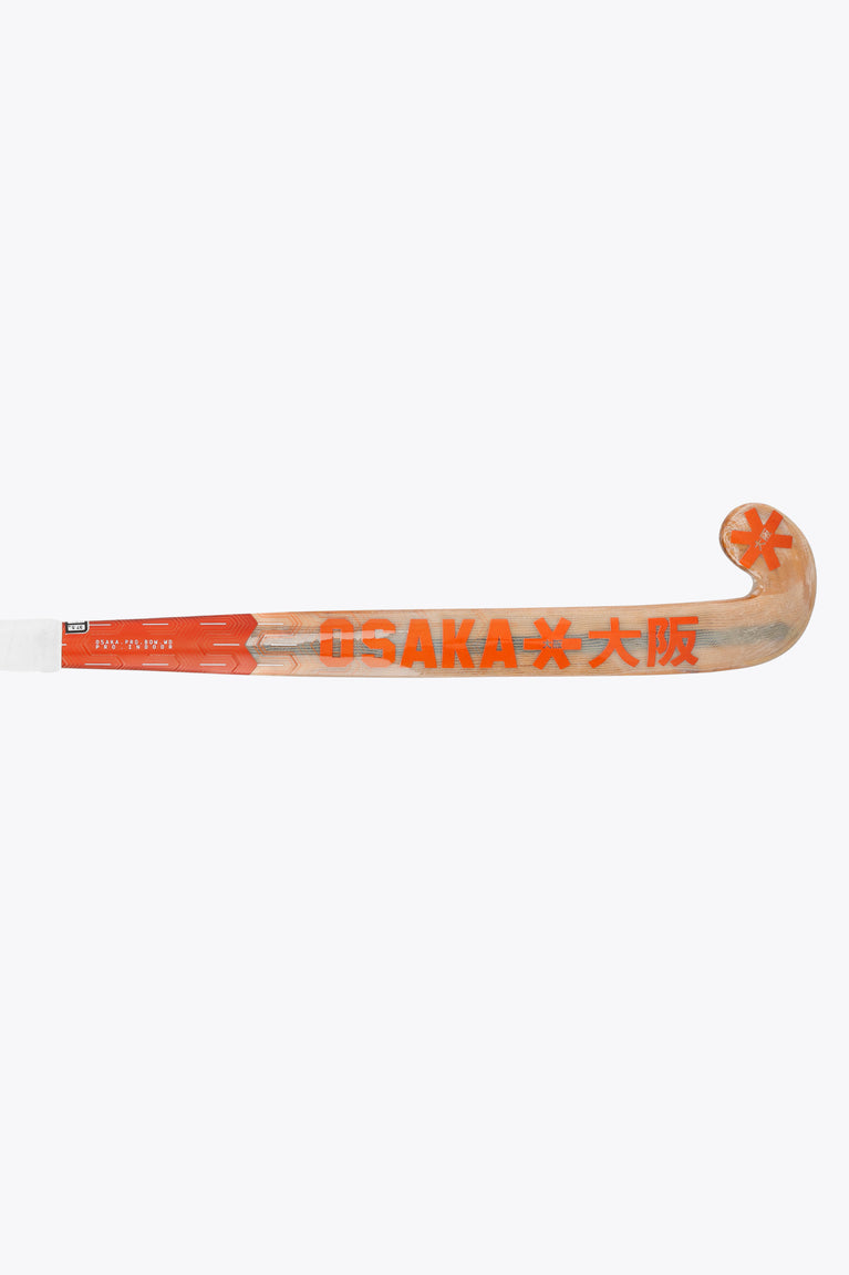 Indoor hockey stick with orange tip and wood-colored playing surface on curved blade