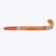Indoor hockey stick with orange tip and wood-colored playing surface on curved blade