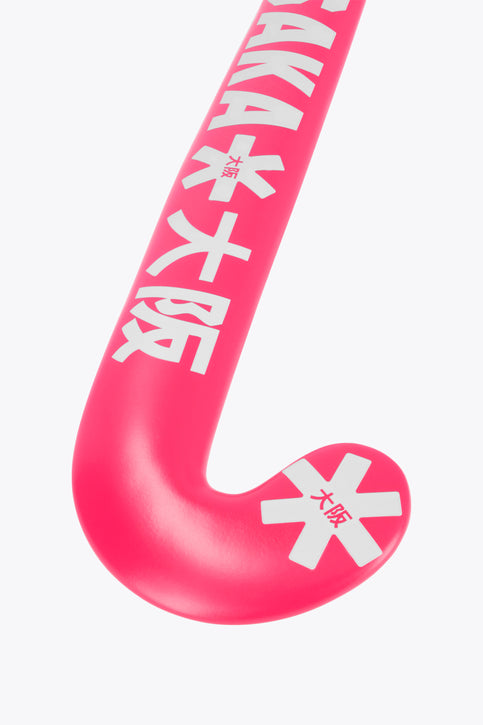 Osaka Indoor Hockey Stick Pro Bow GF | Hot Pink Hot pink indoor hockey stick face view with Osaka text and patterned graphics