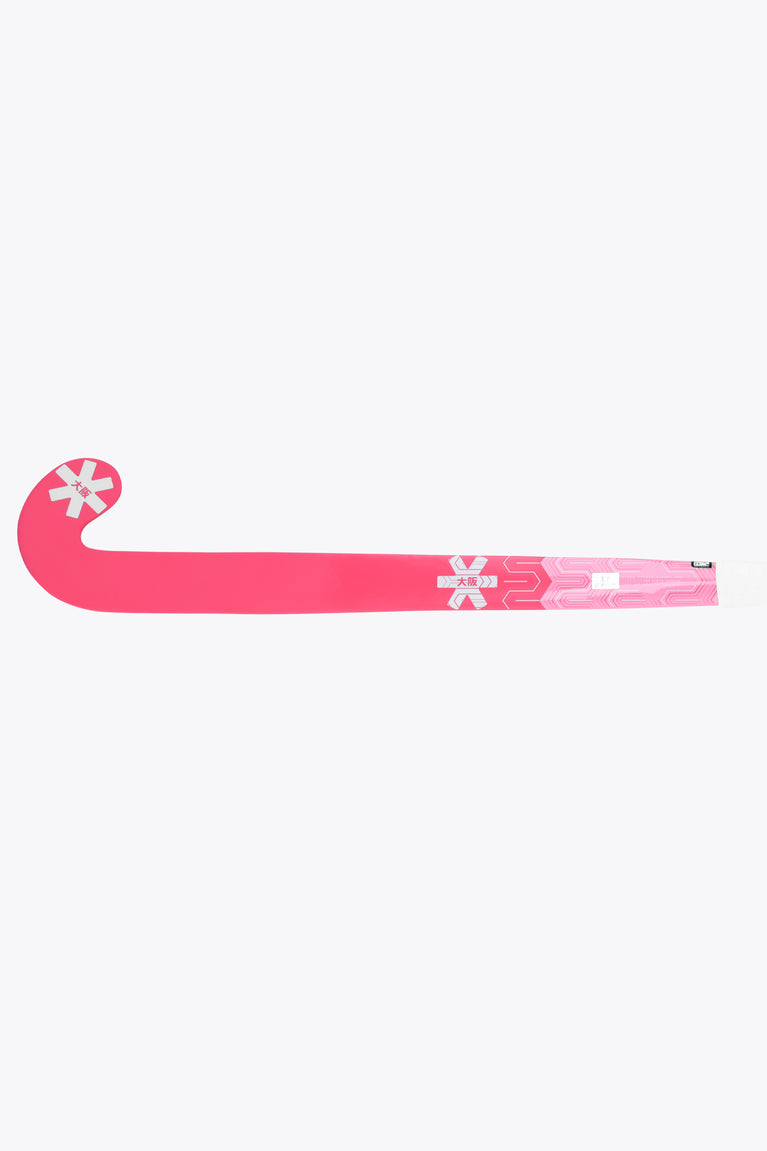 Hot pink indoor hockey stick side view with Osaka branding and patterned panel