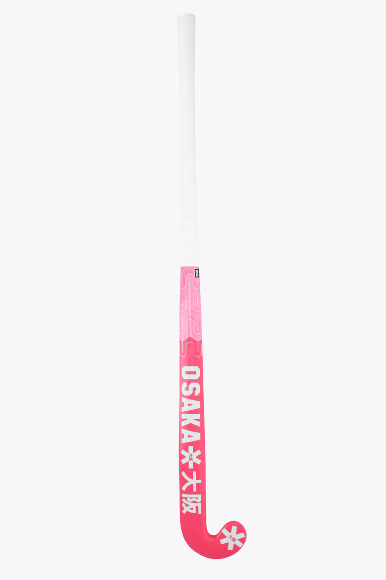Hot pink indoor hockey stick blade end with Osaka text and star logo