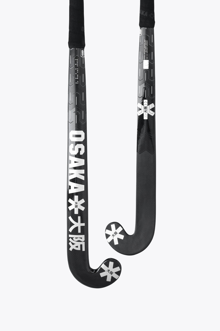 Indoor hockey stick with black shaft and curved pro bow blade, size 25