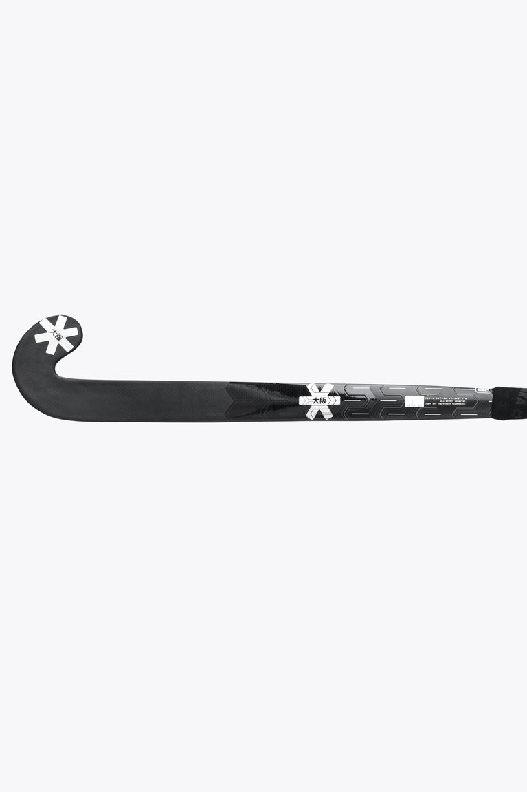 Indoor hockey stick with black blade and long shaft showing white geometric markings