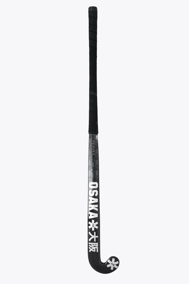 Indoor hockey stick end view with black shaft and vertical OSAKA print