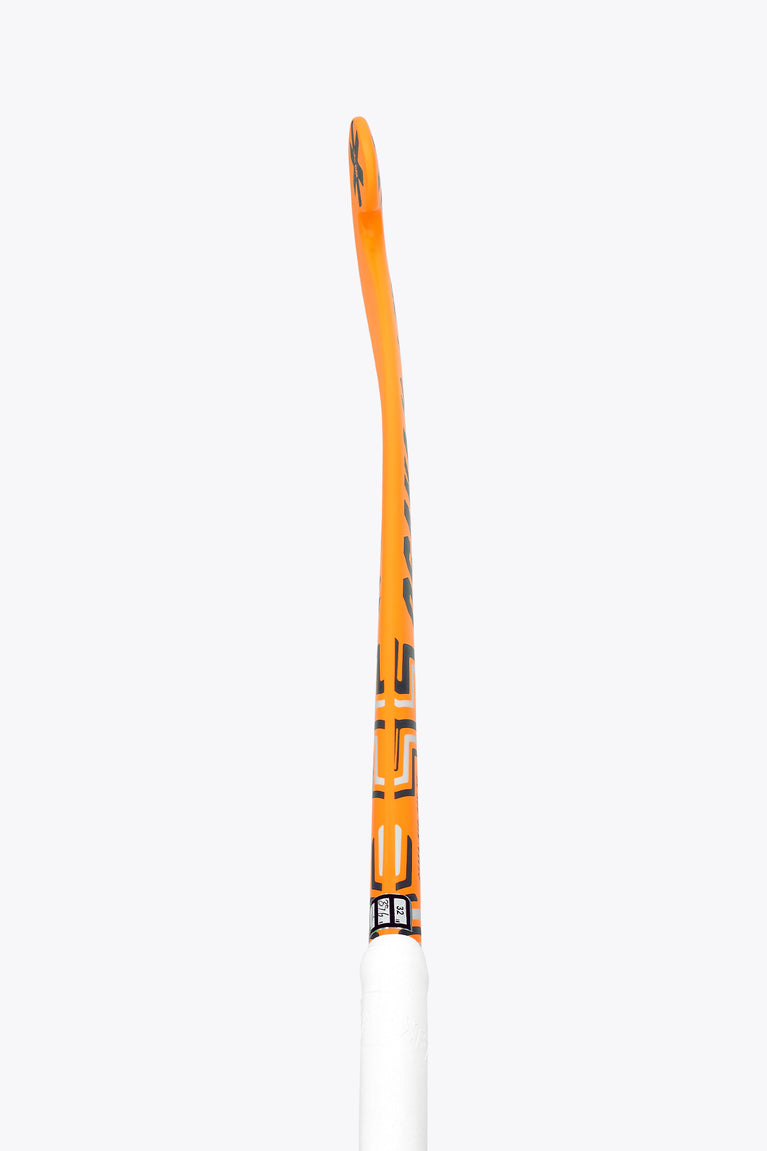 Orange indoor hockey stick shaft with black graphics and white grip end