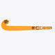 Orange indoor hockey stick lying flat, showing full mid-bow shape and graphics