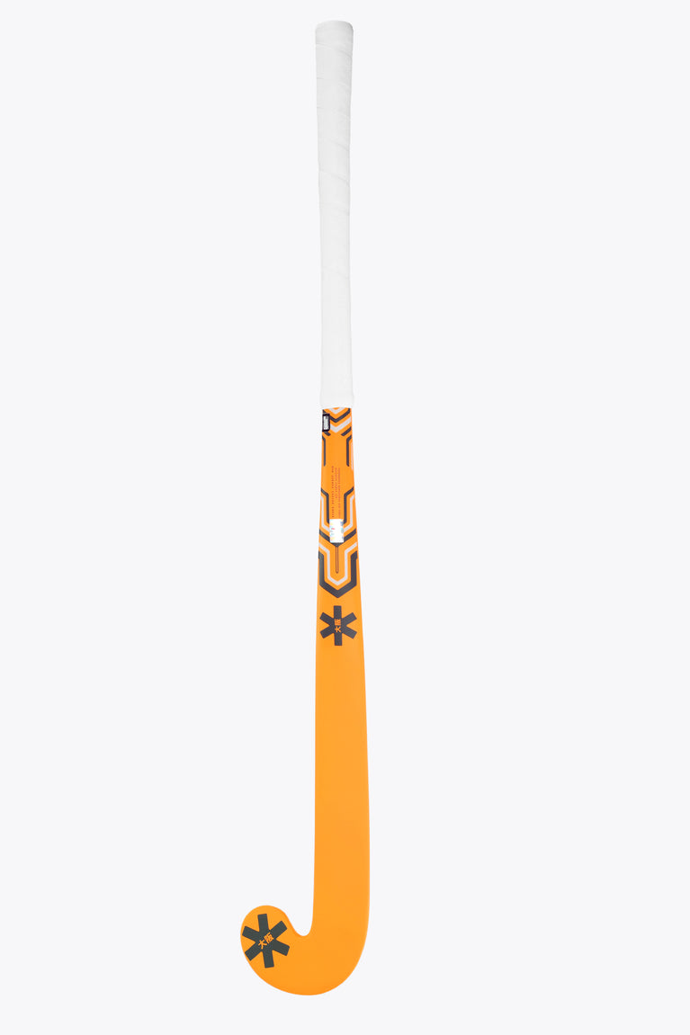 Orange indoor hockey stick with mid-bow curve and geometric Tiger-style graphics