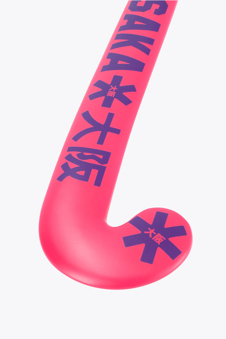 Hot pink indoor hockey stick toe curve with dark graphic icons and mid-bow shape