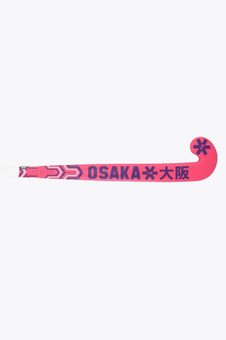 Hot pink indoor hockey stick with Osaka wordmark and zigzag pattern along the shaft