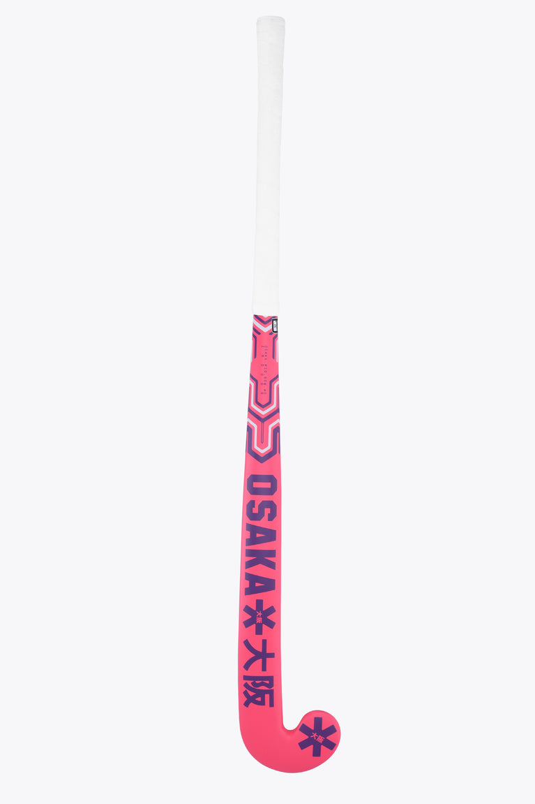 Hot pink indoor hockey stick mid bow with vertical branding and dark geometric decals