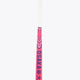 Hot pink indoor hockey stick mid bow with vertical branding and dark geometric decals