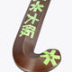 Field hockey stick curved blade end in dark brown with large lime emblem and logo.