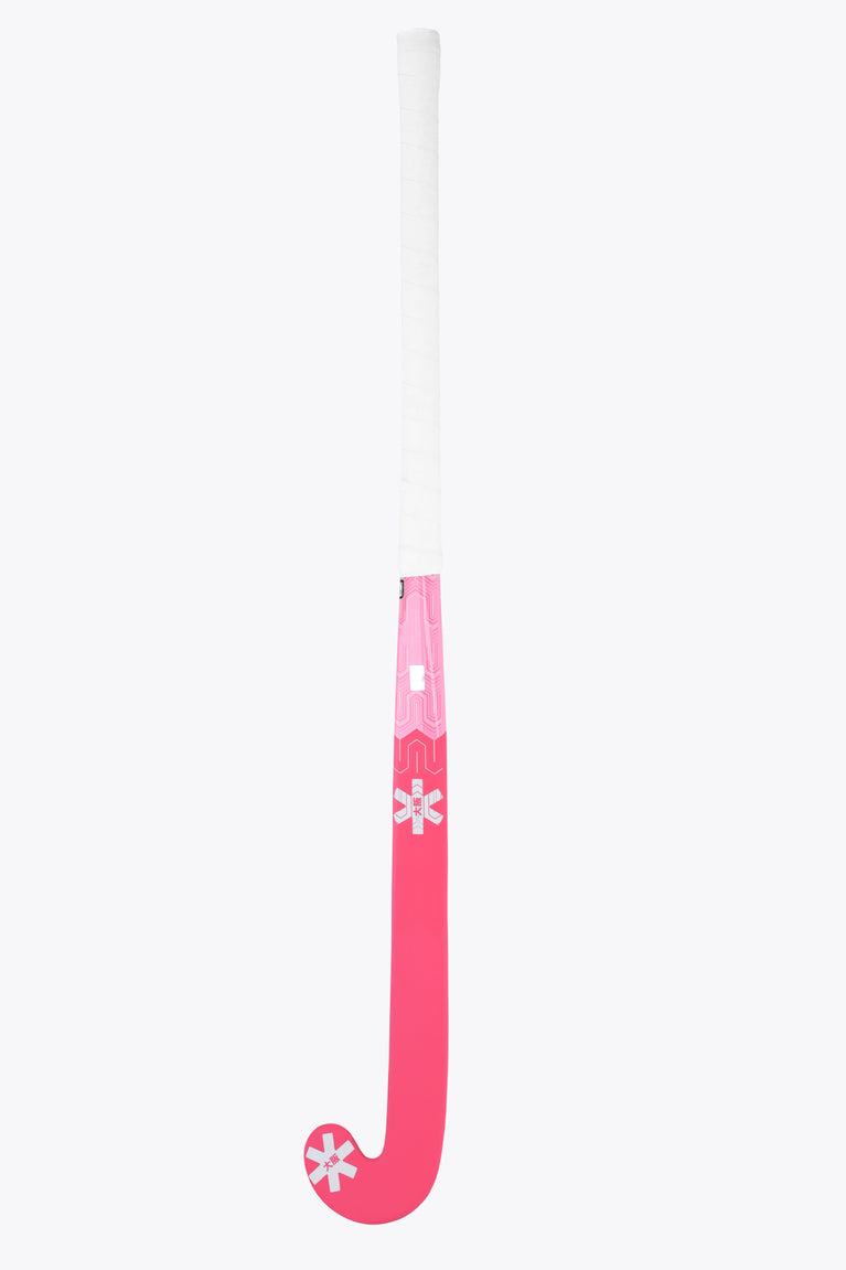 Hot pink field hockey stick with white grip end and curved head