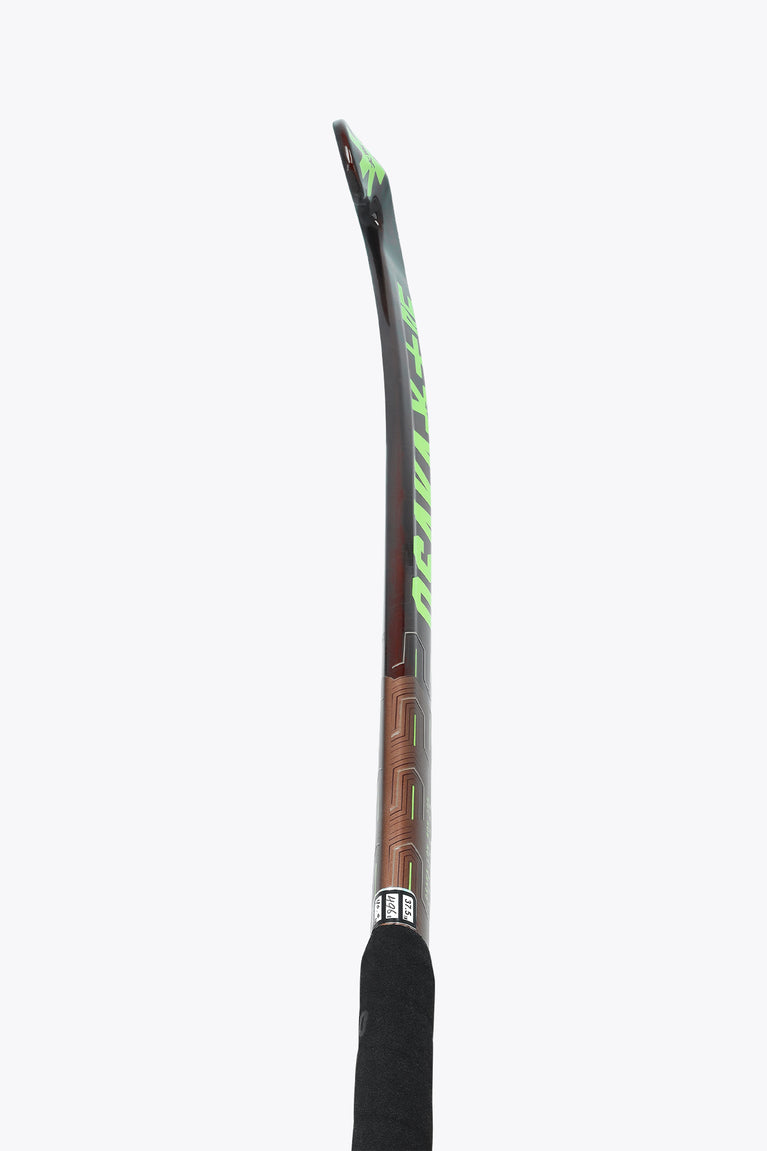 Field hockey stick upright view, dark brown shaft with green trim and black handle grip