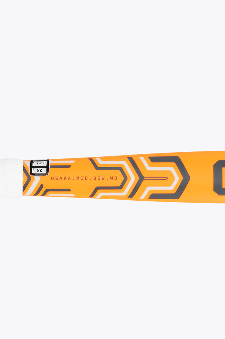 Orange field hockey stick shaft close-up with Osaka Mid Bow WD label